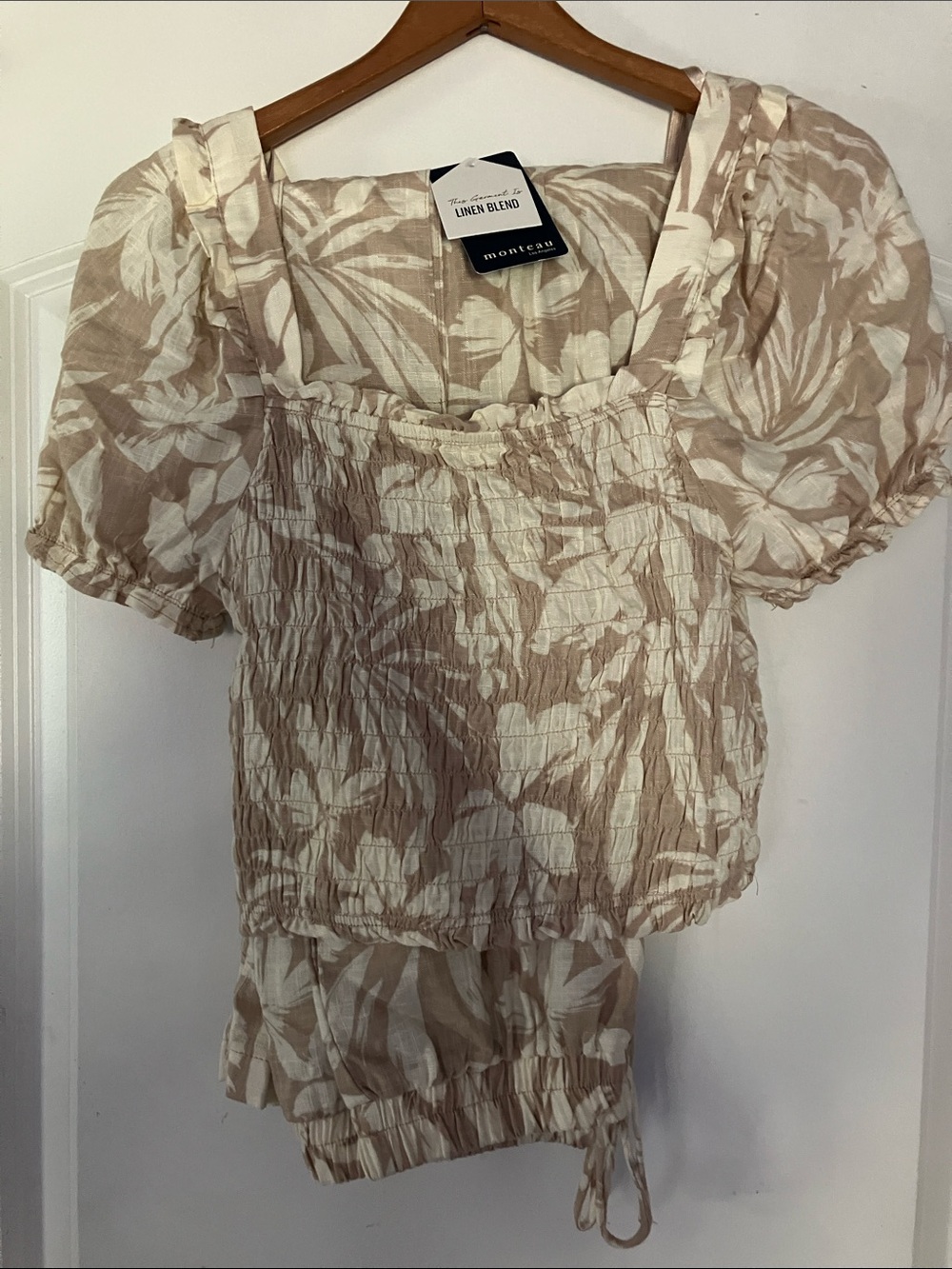 Monteau Beige & White Floral Smocked Jumpsuit